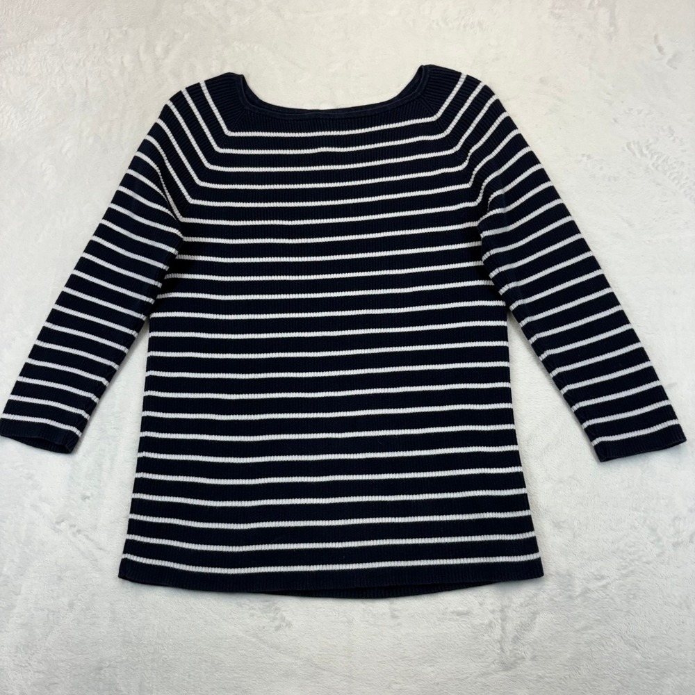 Lauren Ralph Lauren Navy Blue White Striped Ribbed Boat Neck Top Large